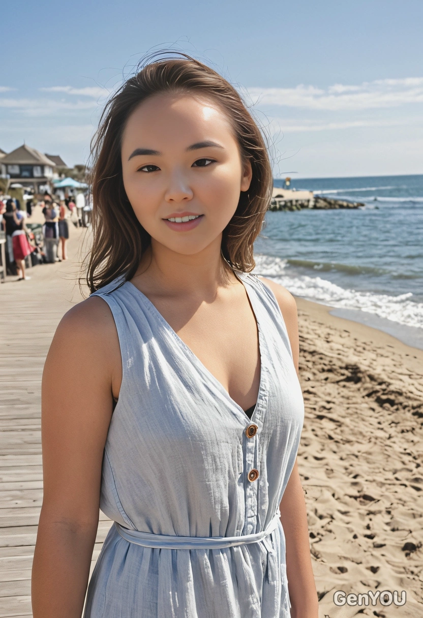 mid-shot, looking at camera, wearing a relaxed linen dress, at a sunny beach boardwalk