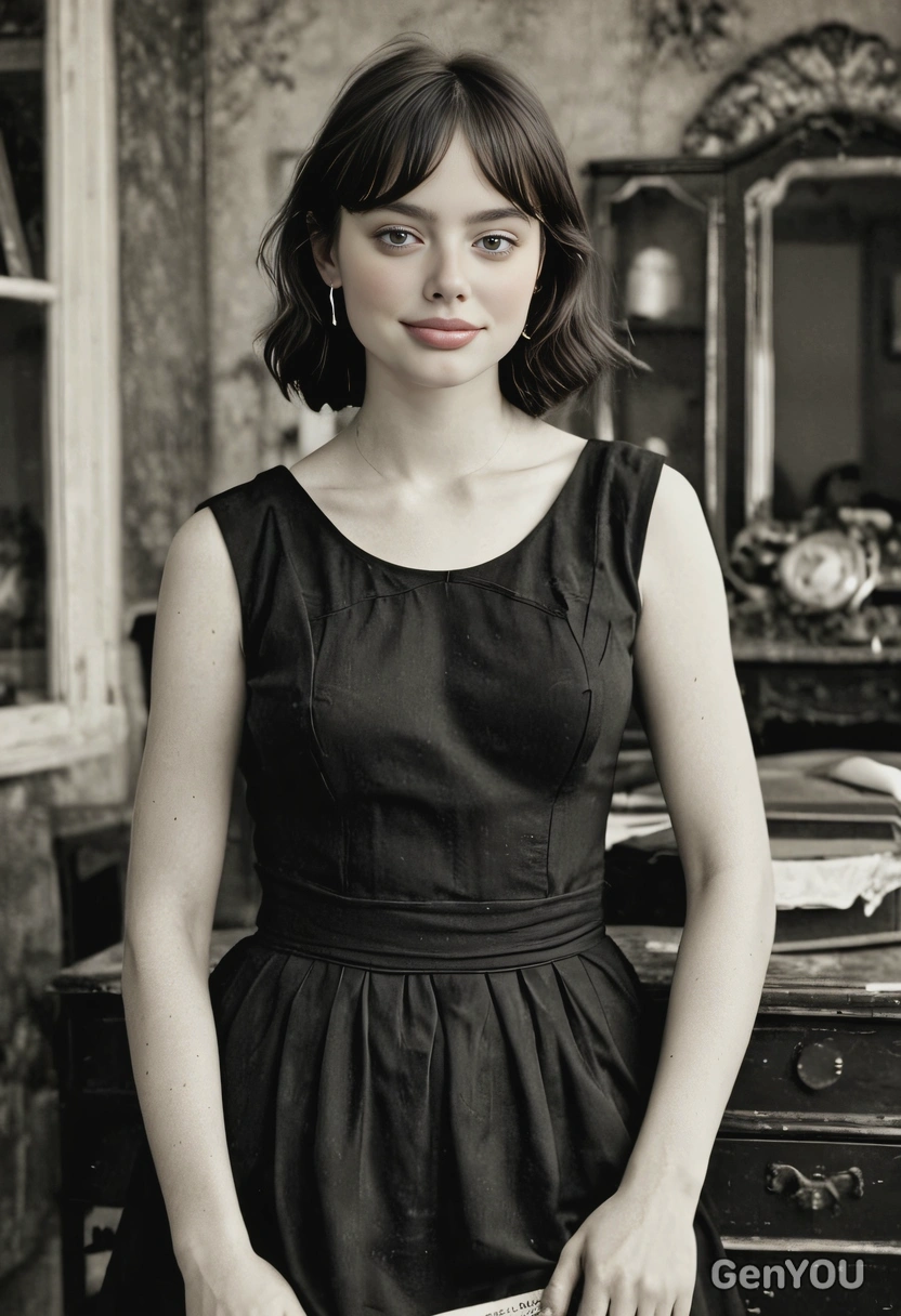 old retro black and white photo, old paper textures, wearing a little black dress with vintage interior blurry background