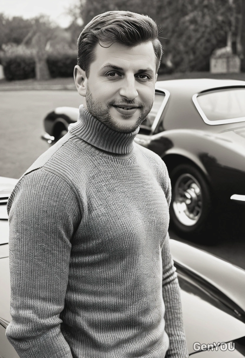 in a 1960s turtleneck sweater, standing by a classic sports car, with a black and white filter