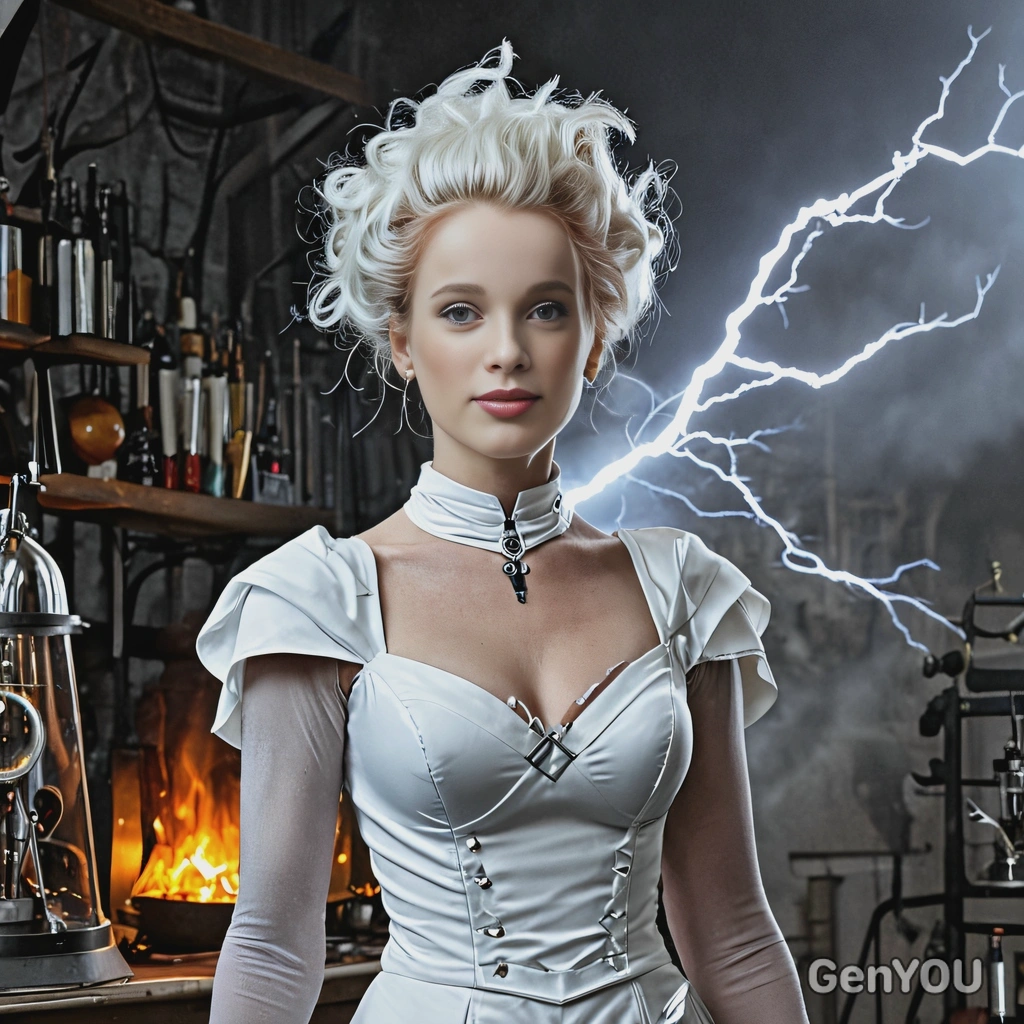 a bride of Frankenstein costume, with lightning striking behind and a spooky laboratory