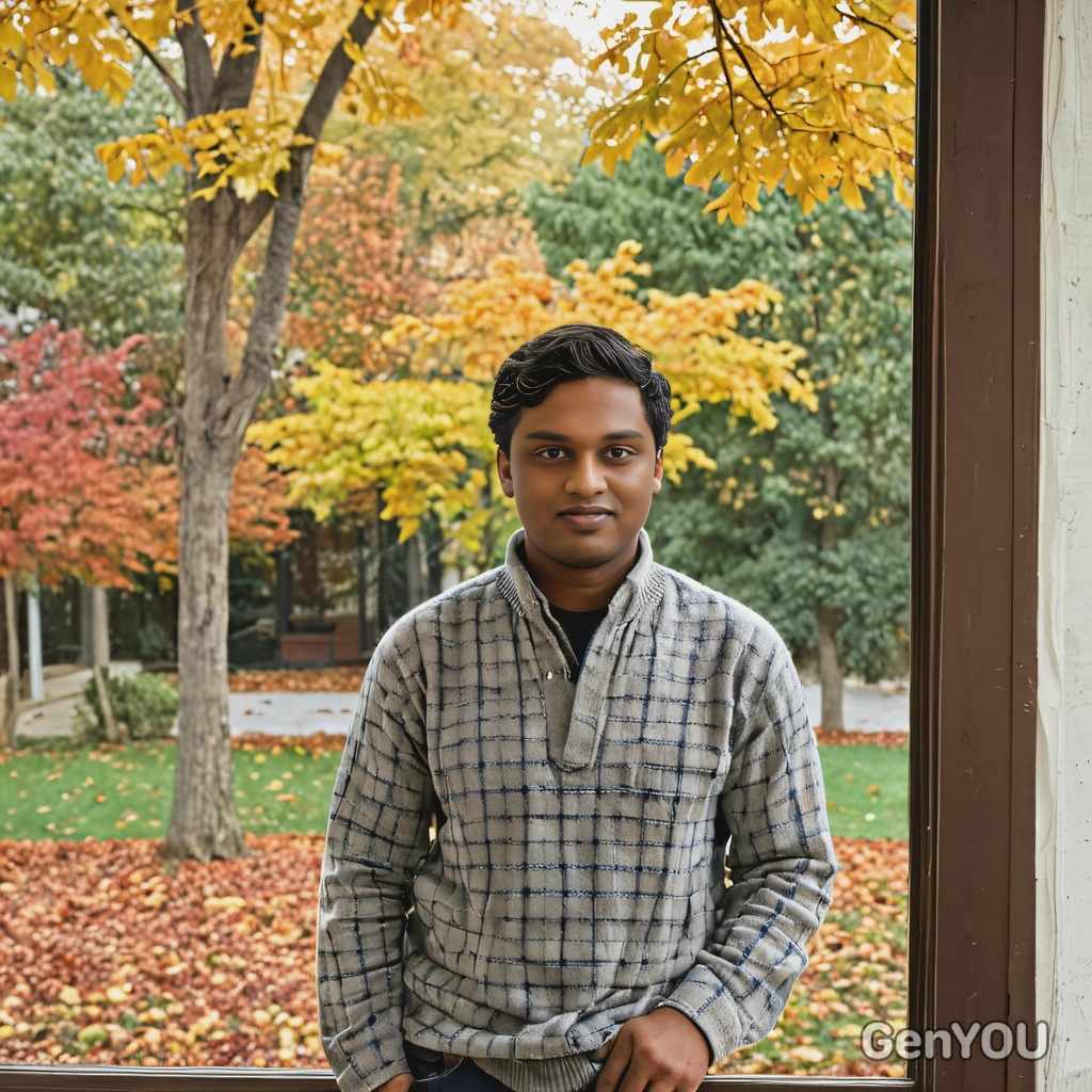 standing by a window, fall trees