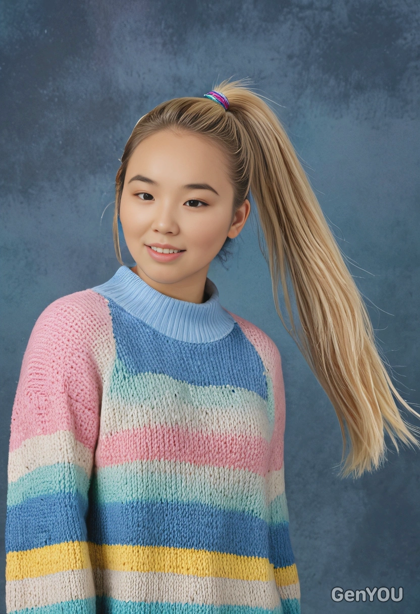 student in a pastel rainbow sweater, blonde hair in a high ponytail, mid-shot photo, murky blue yearbook background 
