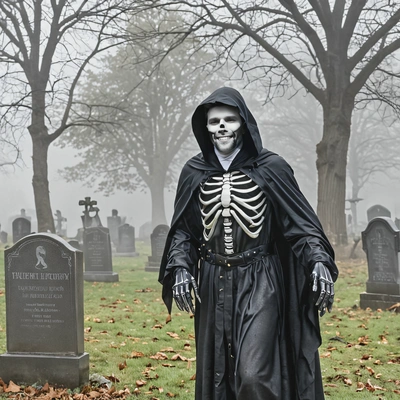 in a grim reaper costume, standing in a misty graveyard with tombstones behind