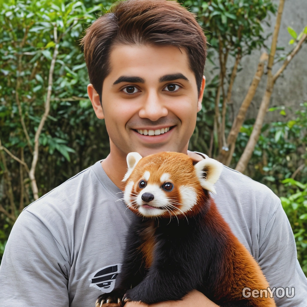 brunette, with a cute red panda in Asia