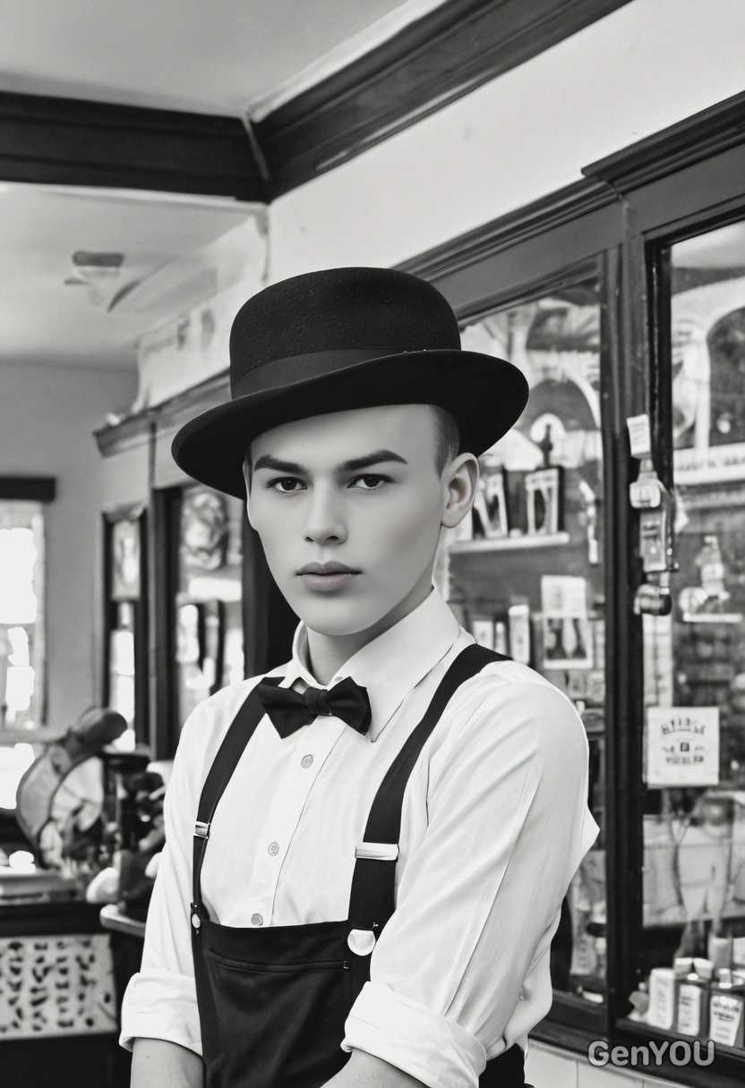  in a bowler hat and suspenders, standing in a vintage barbershop, in black and white