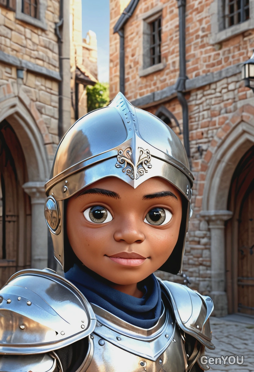 3D cartoon style, young male knight in shiny armor, oversized cartoon big sparkling eyes, waist-up pose, medieval courtyard background