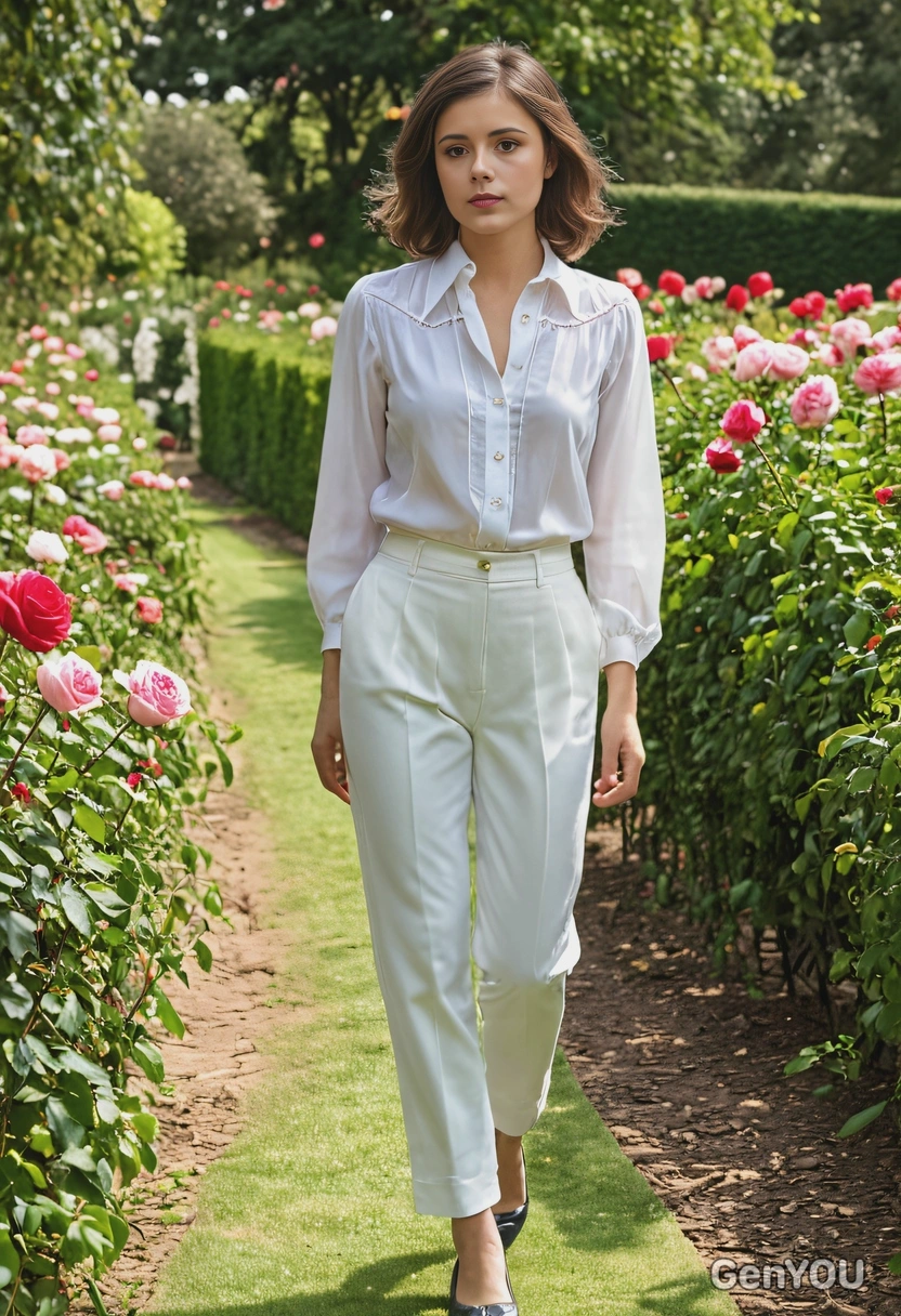 as a woman, walking through a private rose garden in the estate grounds, wearing a classic white blouse and high-waisted trousers, with her hair elegantly styled