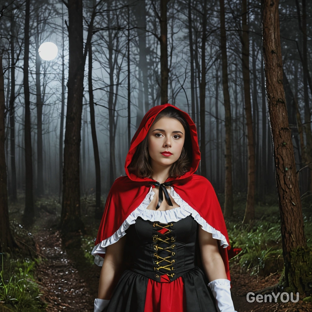 dressed as Little Red Riding Hood, standing in a night dark forest