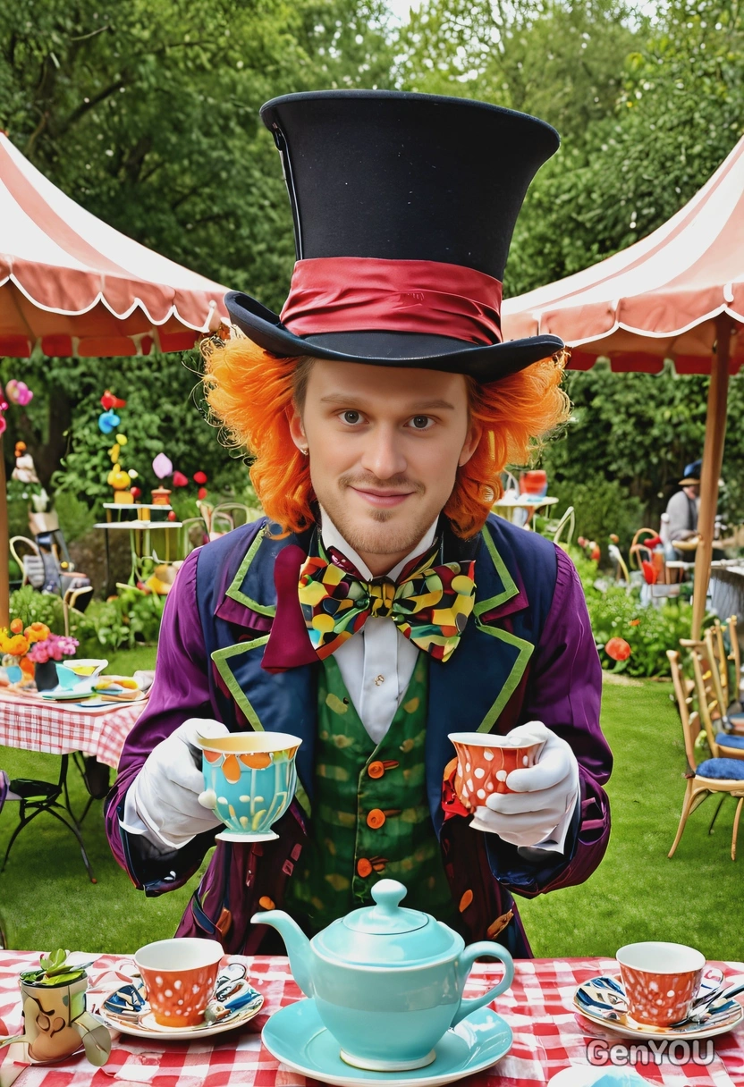 as a quirky mad hatter, large eccentric hat, pouring tea at a whimsical garden party, vivid cartoon colors, smiling, looking directly at the camera, symmetrical clothing details, cartoon style, high-quality stylized art