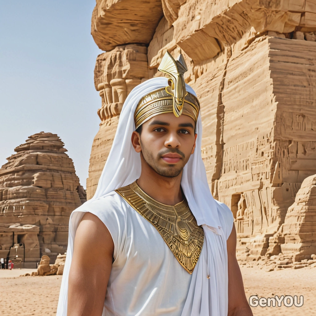 As an ancient Egyptian goddess, wearing a gold headdress and flowing white gown, stand beside towering sandstone pyramids under a clear desert sky