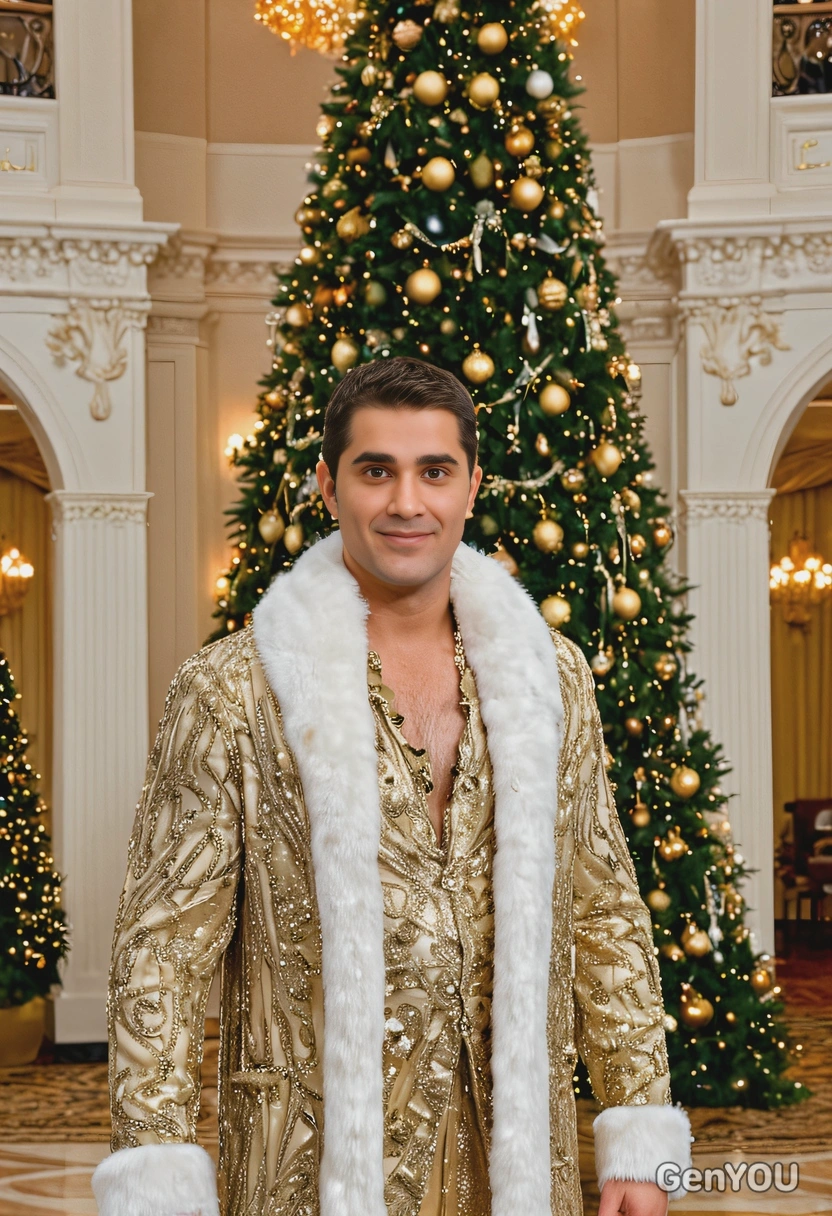 wearing a sparkling holiday gown with a fur stole, standing in a grand ballroom with a massive Christmas tree decorated with golden ornaments and white lights