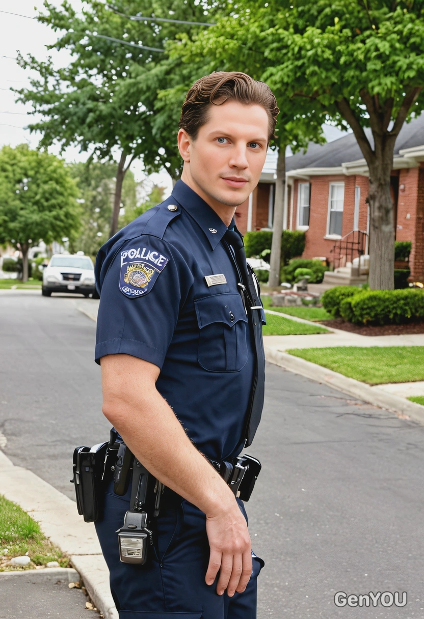 Police officer, patrolling a neighborhood street
