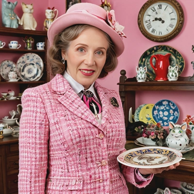 as Dolores Umbridge from Harry Potter, wearing a pink tweed suit with a matching hat, standing in a brightly decorated office filled with cat plates, half body view