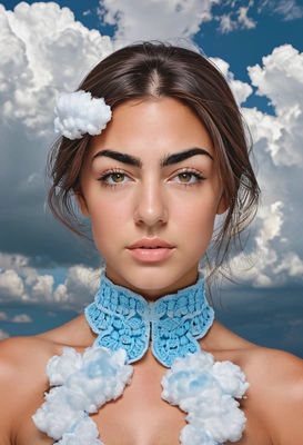 wearing makeup inspired by clouds, symmetrical details, professional photoshoot
