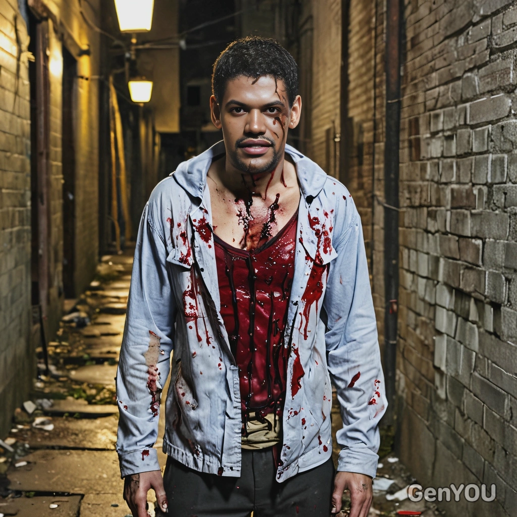 in a zombie costume with torn clothing and fake blood, standing under a flickering streetlight in an abandoned alley