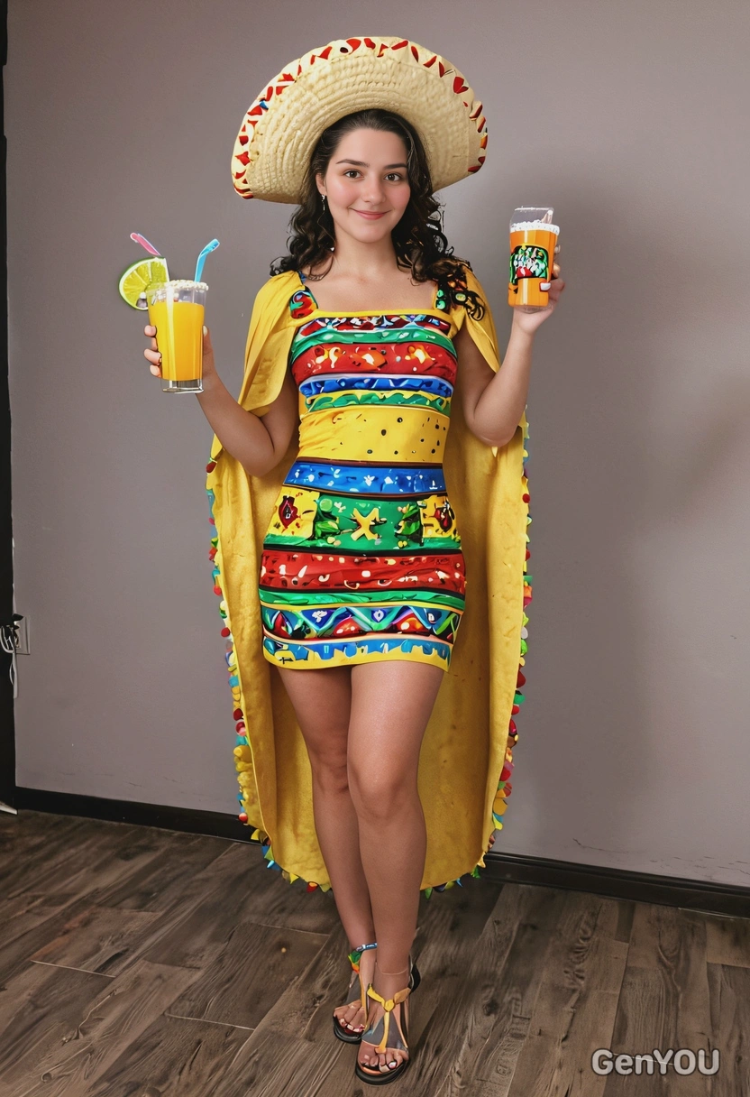 in a taco costume, full body image, at funky party room with twinkling lights and drinks