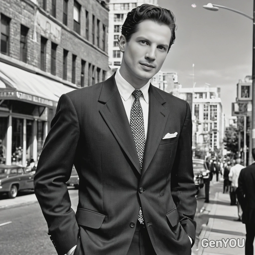 in a 1950s business suit, on a city street, captured in black and white