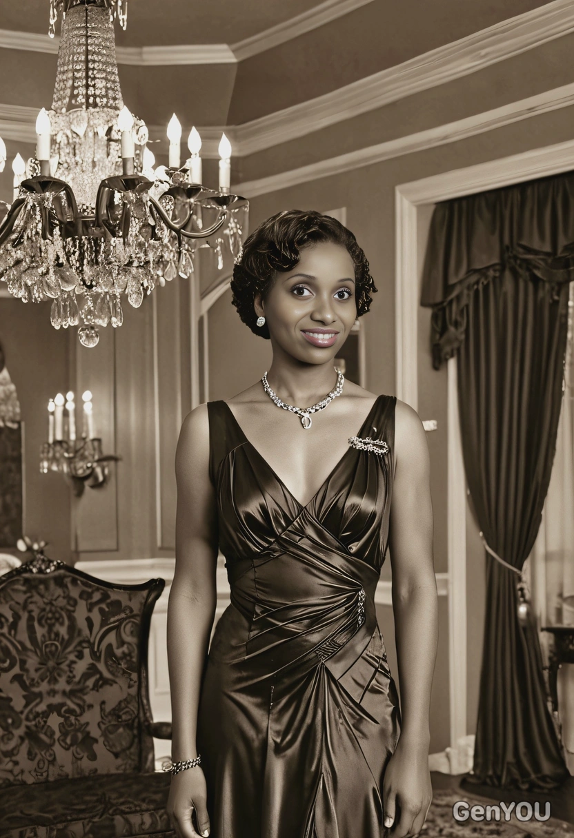 in 1930s satin gown, standing by a grand chandelier, captured in sepia