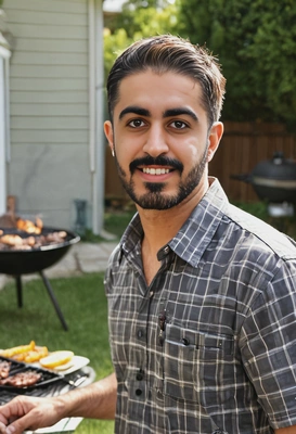 enjoying a barbecue in the backyard, blurred background, photo taken on 50mm lenses, high-res, highly realistic, eyes on you