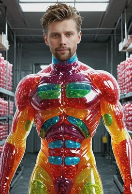As a humanoid made entirely of jelly, inside a candy factory, looking directly at you, vivid colors, symmetrical clothing details, video game style, high-quality stylized art