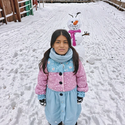 as child standing in themed snow and snow man kindergarten