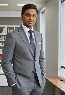 as a business executive, dressed in a sharp gray suit, standing in a modern office 