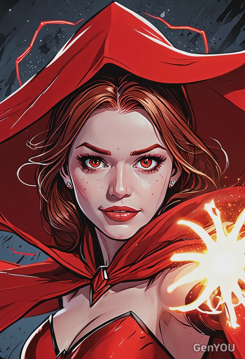 Hand-drawn flat cartoon style, Scarlet Witch from Marvel Comics, oversized cartoon big sparkling eyes, red headpiece and flowing cape, casting chaotic red magic with swirling energy, dynamic pose, sharp outlines, glowing crimson lighting, waist-up portrait, fractured dimensional background