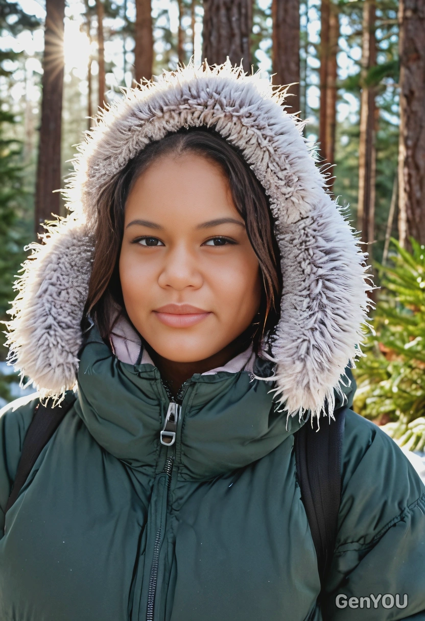 in a puffy winter jacket snowy fir forest behind blurry background soft morning sunlight crisp face detail quality