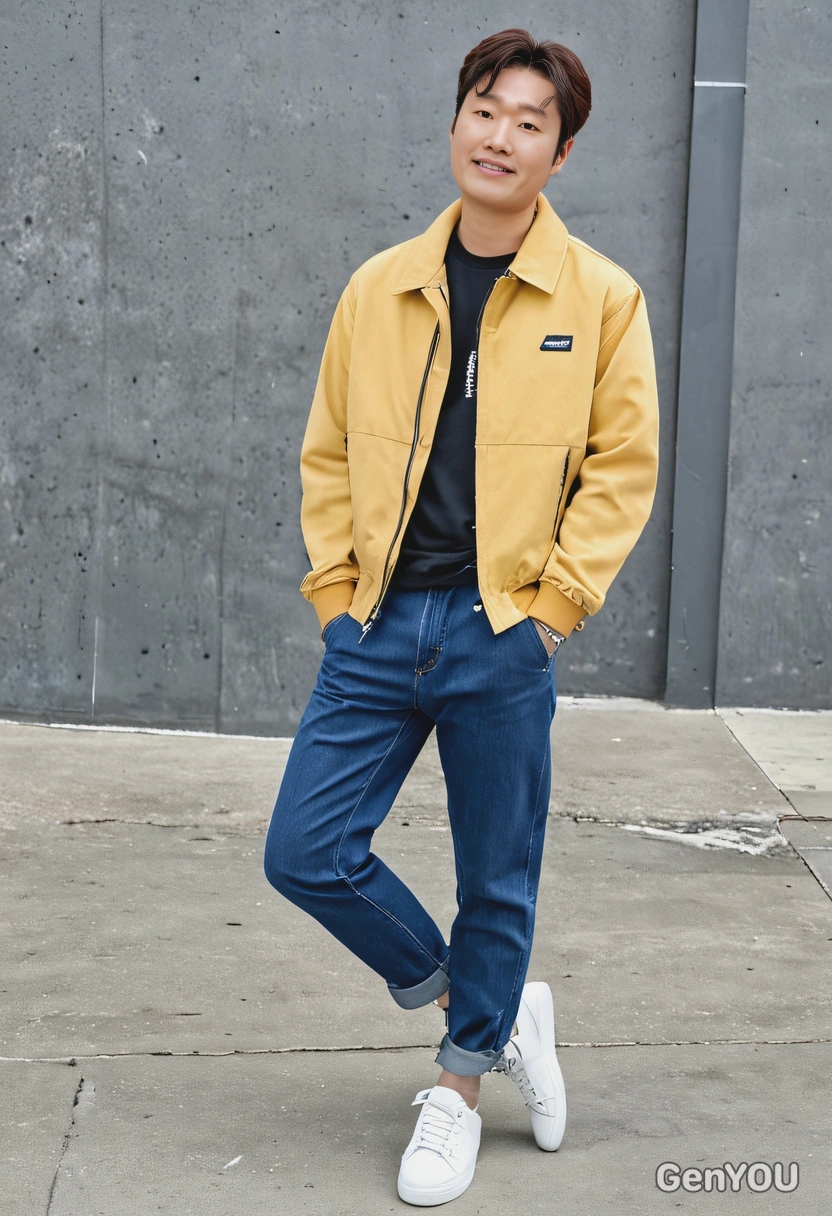 as Cha Eun-woo from ASTRO, in a chic casual outfit with a stylish jacket and trendy shoes, posing in a sleek urban environment