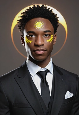 with sun-inspired makeup, professional shot, black skin, suit