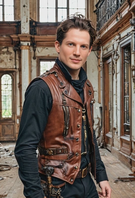 as a Steampunk adventurer, dressed in a leather vest with copper wiring , walking through a dilapidated Victorian mansion