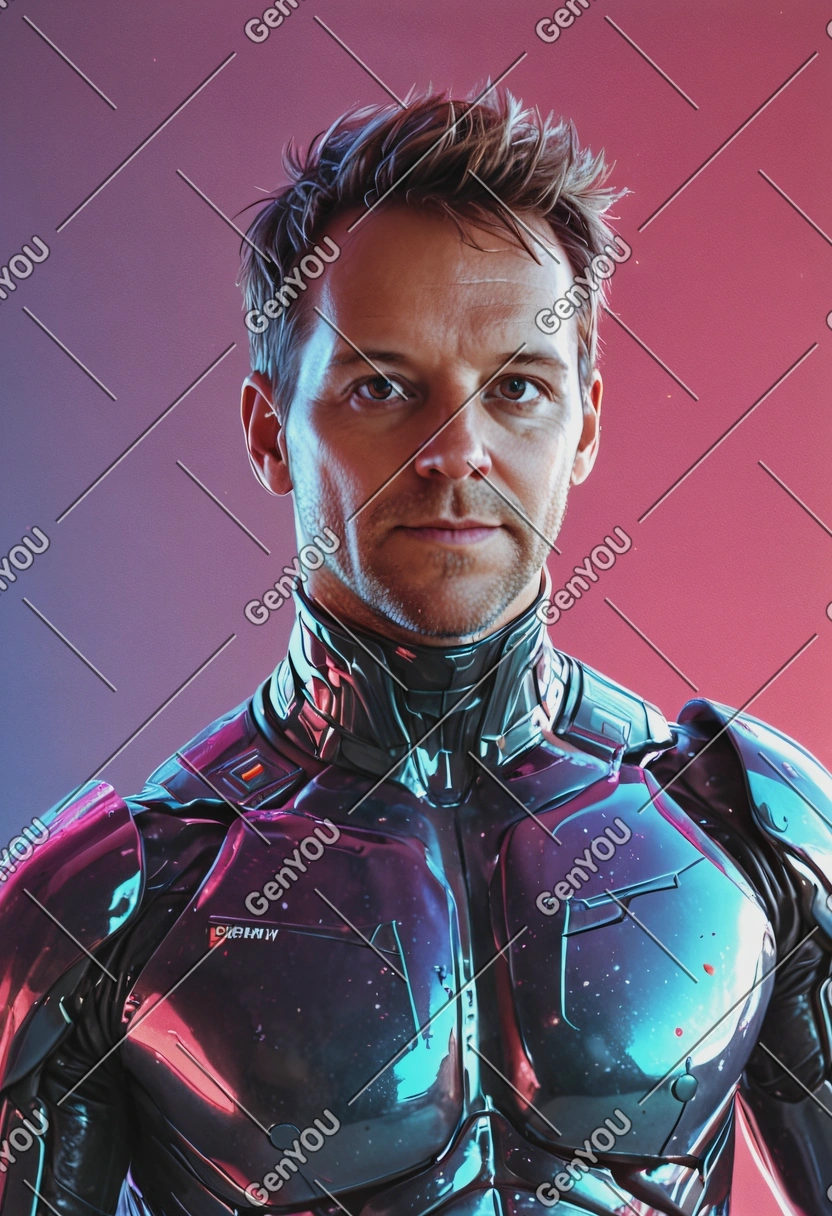 android in a plastic outfit with seductive smile, flirty look, nebula swirl background, half-body portrait, lit by sun rays, anaglyph