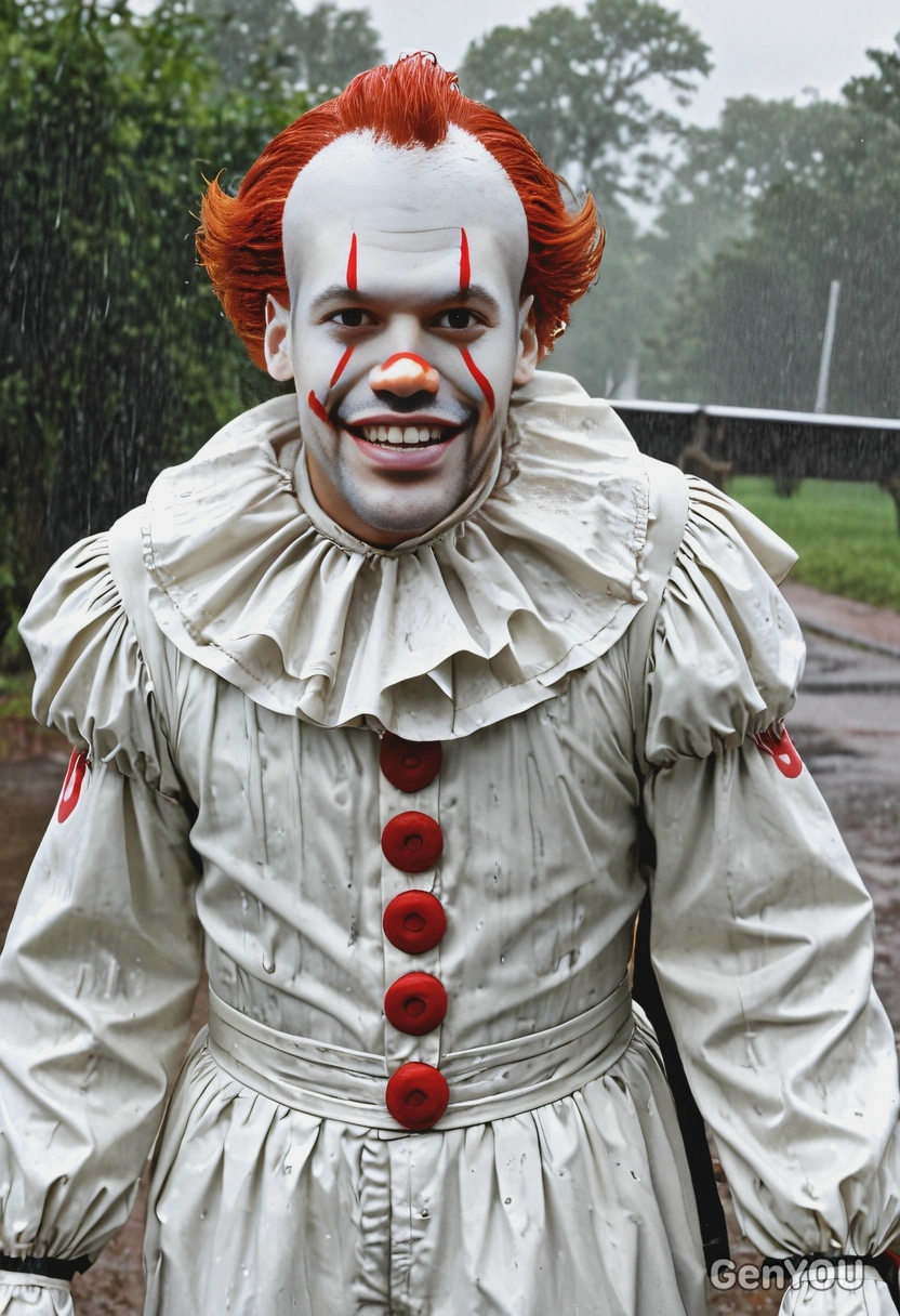 as Pennywise the Clown, in white clown costume, standing in the rain with a menacing smile 