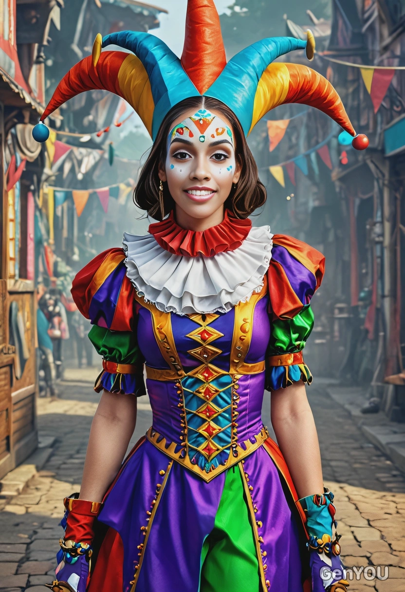 As a trickster, wearing a colorful jester's outfit, a surreal carnival behind, looking directly at you, vivid colors, symmetrical clothing details, video game style, high-quality stylized art