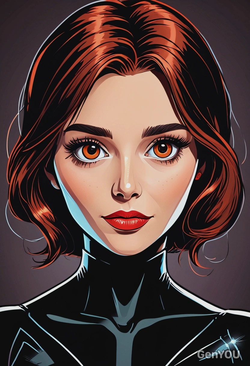 Hand-drawn flat cartoon style, Black Widow, bold outlines, oversized cartoon big sparkling eyes, spy gadget glow lighting, waist-up portrait, secret base background