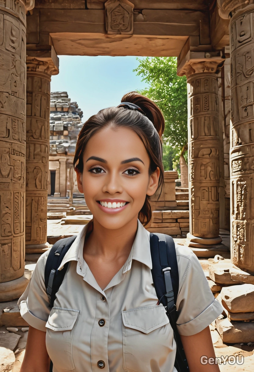 as a female archaeologist, ponytail, backpack, inside an ancient temple, looking directly at the camera, smiling, symmetrical clothing details, cartoon style, high-quality stylized art