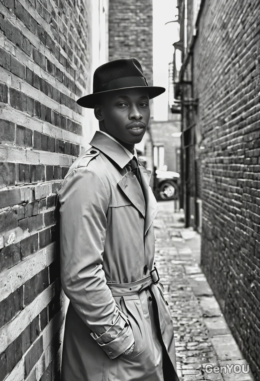 leaning against a brick wall in an alleyway, wearing a fedora and trench coat, with a black-and-white effect, urban vibe of the 1940s