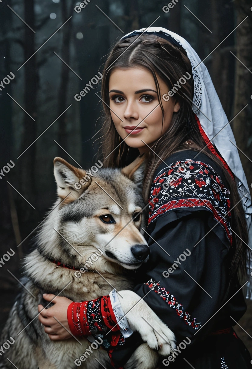 folklore, hugging a wolf, traditional slavic dress, dark atmosphere, blurred background