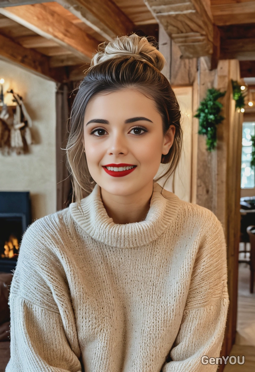 mid-shot, smiling, with a soft half-updo, wearing a light cashmere sweater, inside a cozy winter lodge