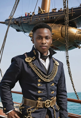 as a Steampunk corsair, in a high-collared jacket with brass chains, posing by the helm of a flying ship