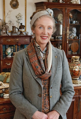 as an antique dealer, wearing a vintage tweed blazer with elbow patches and a silk scarf, richly decorated room filled with antique furniture and ornate artifacts, half body view