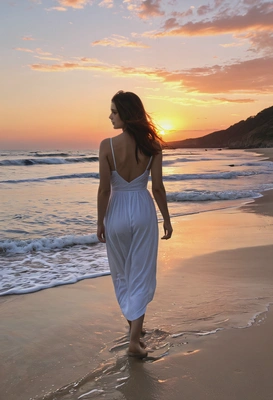 as a dreaming woman, walking along a secluded beach at sunset