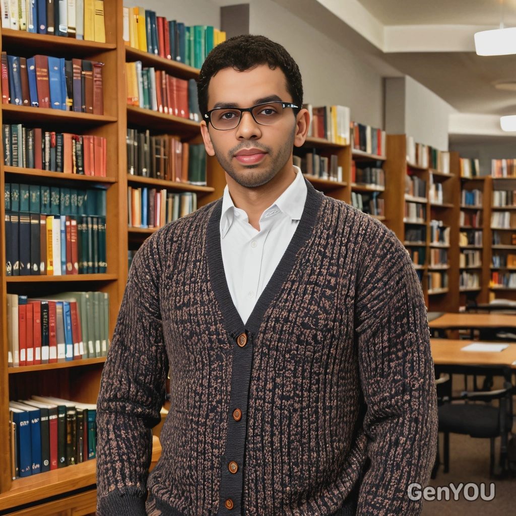 as a librarian, wearing a smart cardigan and glasses, standing in a cozy library 
