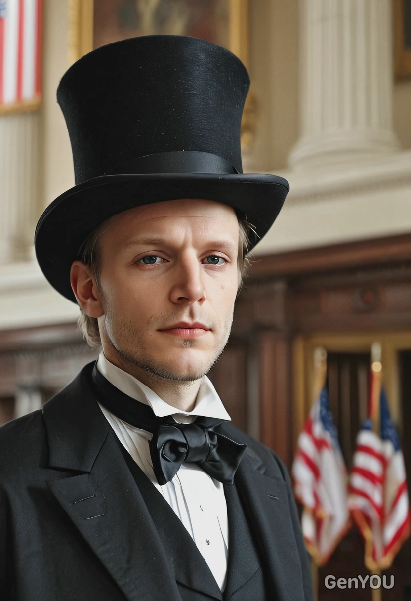 sharp quality, in the style of American president Lincoln, wearing a top hat, standing at the tribune , blurry parliament hall  with American flag in the background, soft indoor light