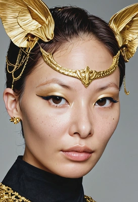 haute couture, cat-like eye makeup, symmetrical details, elegant hairdo, gold