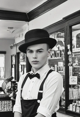  in a bowler hat and suspenders, standing in a vintage barbershop, in black and white