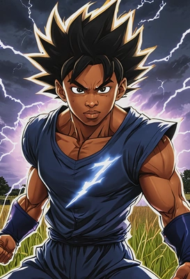 Goku powering up in a field with lightning surrounding him, anime style, big eyes, manga drawing