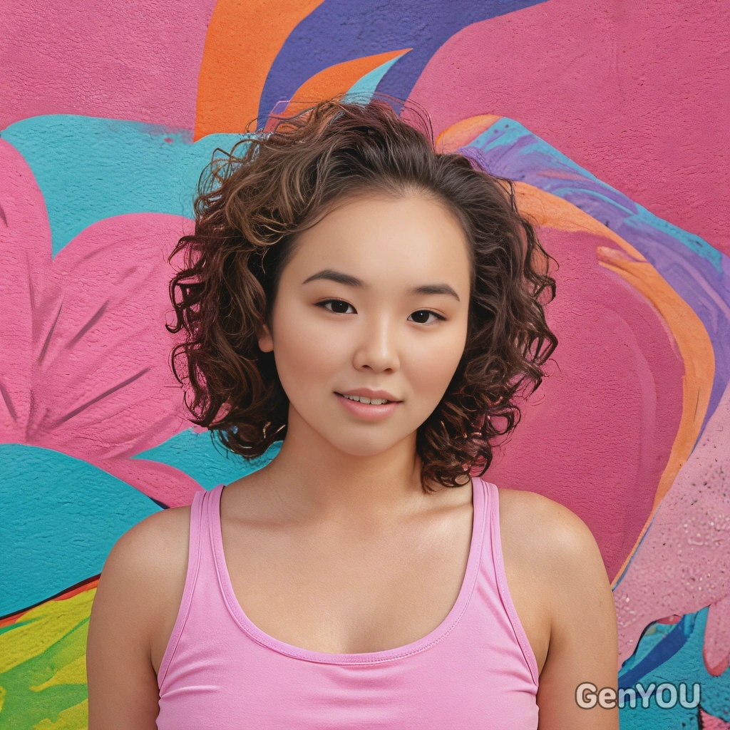 headshot, with tight curly hair, wearing a pastel pink tank top, against a vibrant mural background, bare forehead