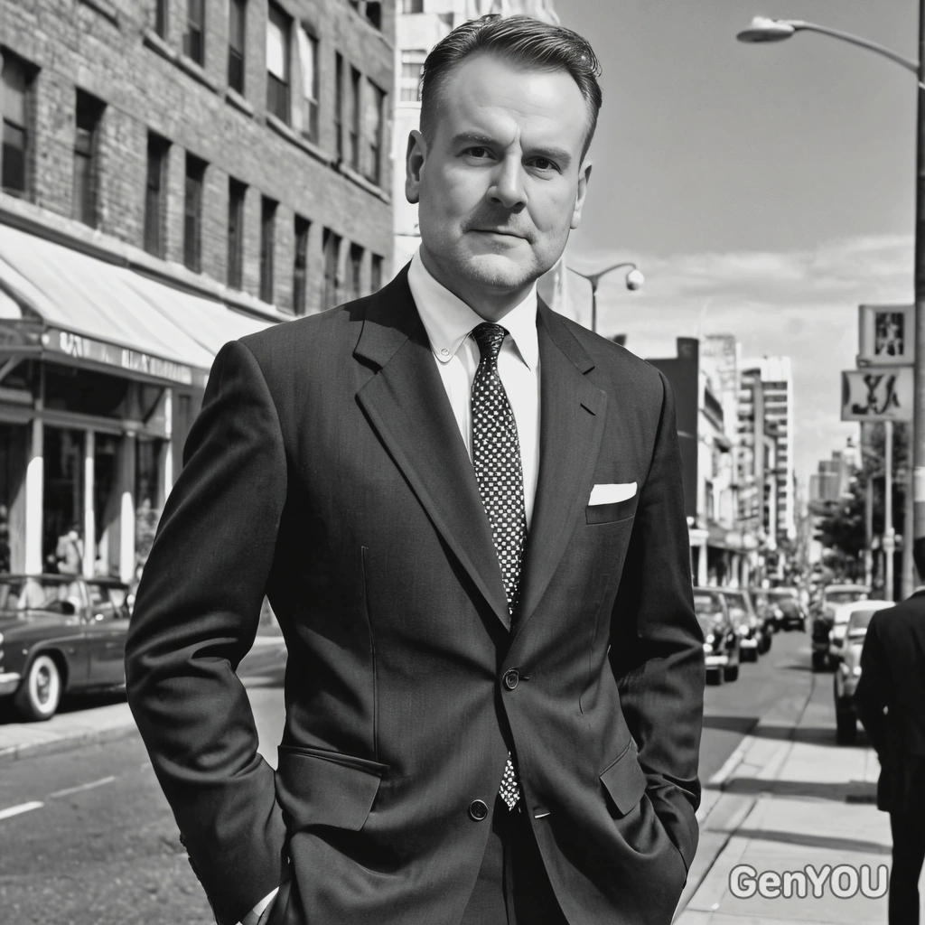 in a 1950s business suit, on a city street, captured in black and white
