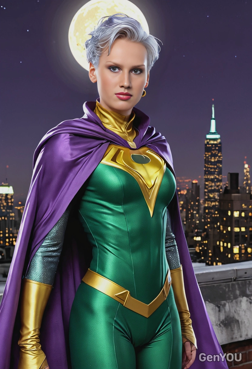 as a super hero, in purple and gold suit, emerald cloak, silver hair, on rooftop, night in New York, moon, looking at you, smiling, symmetrical clothing details, cartoon style, high-quality stylized art